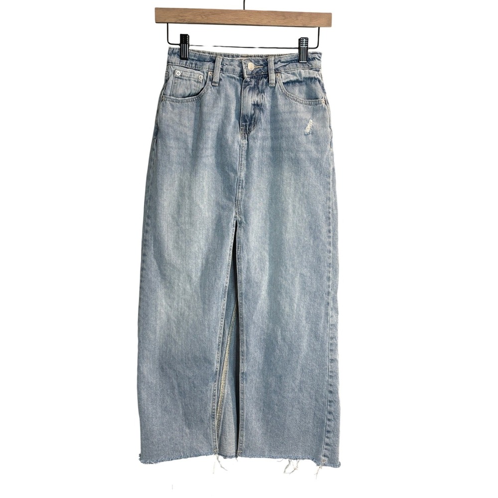 RSQ Light Wash Denim Maxi Skirt Front Slit Distressed Raw Hem Size 23 - Picture 2 of 6